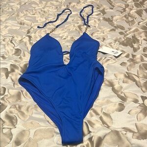 Refuge Blue One Piece Swimsuit with Plunging V-Neck